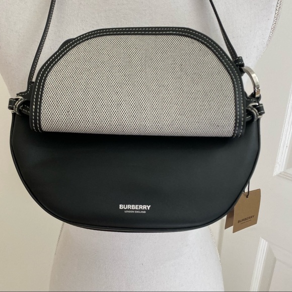 Burberry Mini Double Olympia Logo Appliqué Canvas & Black Leather Bag Dust Bag - Picture 6 of 16